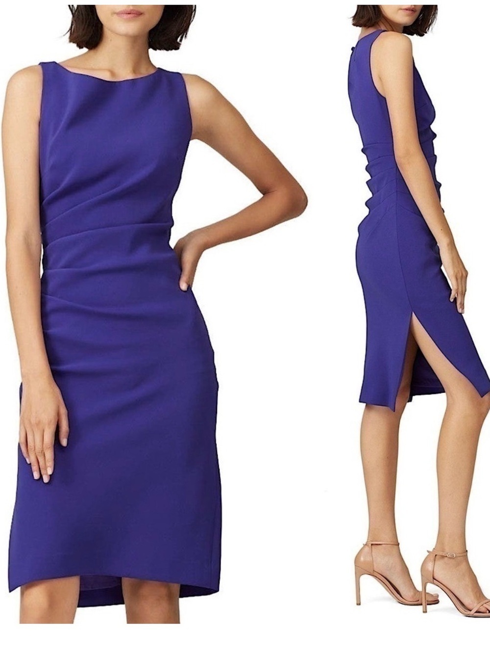 MILLY Sleeveless Boatneck
Ruched Pleated Bodice Side Slit
 Sheath Dress 4